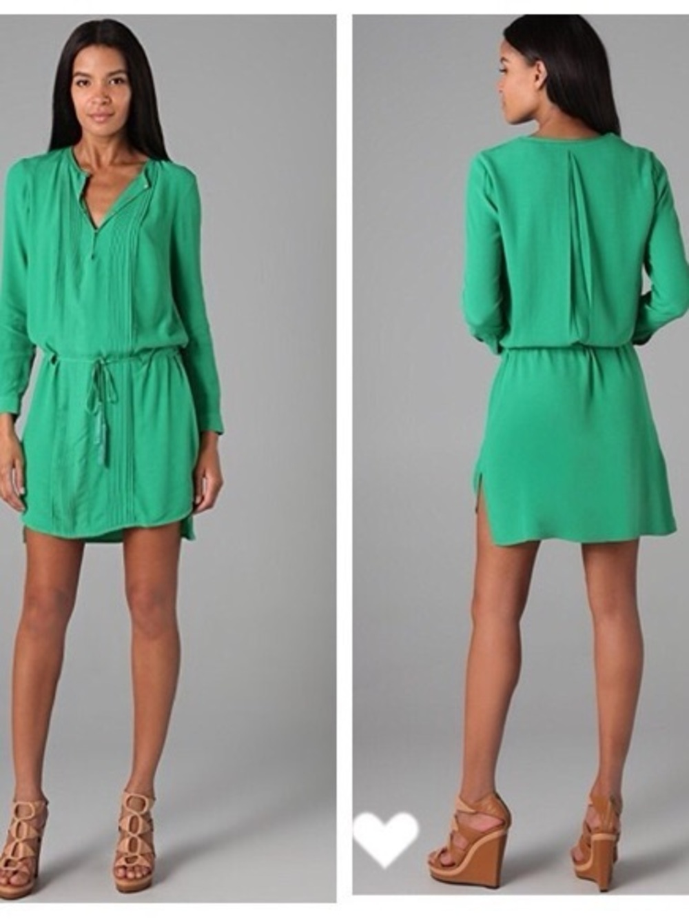 DVF Dress Green Women's Drawstring Waist Silk Rayon gold detail